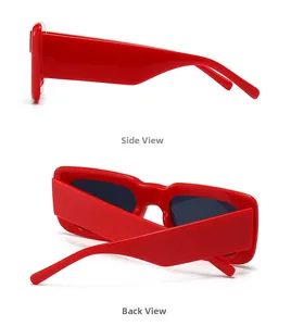 Side and back view of retro square red sunglasses with thick frames and dark lenses