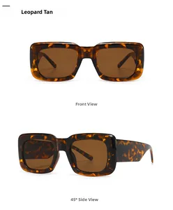 Detail view of Leopard Tan square sunglasses with thick frames from front and side angles