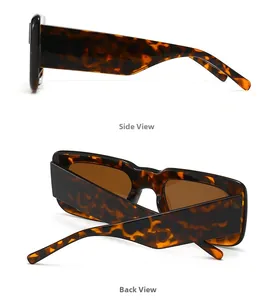 Detailed side and back views of tortoise shell rectangle sunglasses with dark brown lenses