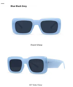 Detail view of light blue chunky square sunglasses with dark grey lenses in 45-degree angle