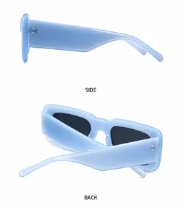 Side and back view of retro light blue square oversized sunglasses with thick frames