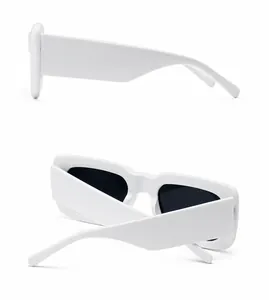Side and back view of white thick square sunglasses with dark lenses in retro style