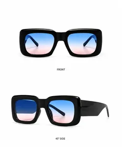 Front and side view of square oversized sunglasses with blue pink gradient lenses