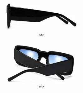 Detail view of stylish square sunglasses with thick black frames and blue tinted lenses