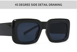 Detailed 45 degree side view of glossy black rectangle sunglasses with thick wide temples