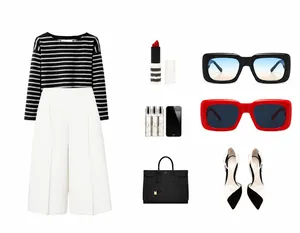 Fashion set with square sunglasses, striped knitwear, white trousers, and a black handbag