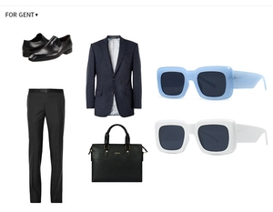 Flat lay of square sunglasses in blue and white with luxury business attire and briefcase