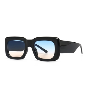 Fashion oversized square black sunglasses with blue-orange gradient lenses in bold frame