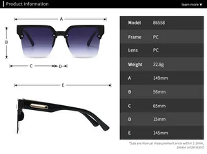 Detailed size chart for square gradient sunglasses with PC frame and dimensions specifications
