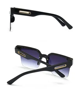 Side and back view of semi-rimless black sunglasses with purple gradient lenses