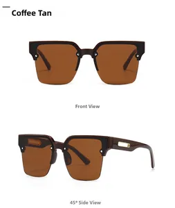 Front and side view of coffee tan semi-rimless sunglasses with gold metal temple accents