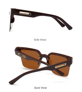 Side and rear view of dark brown oversized sunglasses with golden metal temple detail