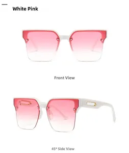 White square frame sunglasses with pink gradient lenses and gold temple accents