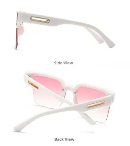 Detail view of white square frame sunglasses with pink gradient lenses and gold metal side accents