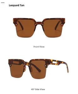 Detailed views of leopard tortoise shell square sunglasses with metal cutout temple design