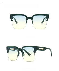 Front and 45-degree views of dark green semi-rimless sunglasses with blue-yellow lenses