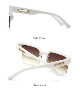 Side and back view of white chunky sunglasses with golden hollow temple details