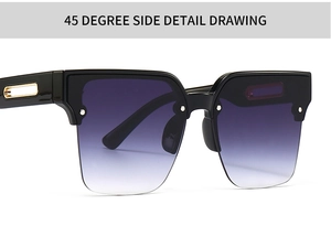 Macro side view of oversized square sunglasses with black frames and gradient lenses