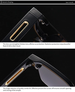 Detailed view of black square sunglasses featuring UV-protective lenses and golden metal hinges