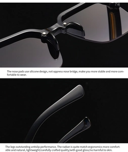 Close-up of soft silicone nose pads and ergonomic non-slip temples on black sunglasses