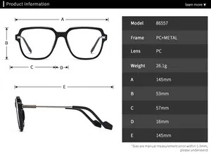 Size chart for oversized square frame glasses showing 145mm width and 53mm lens height