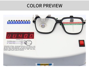 UV400 testing of fashion square black frame glasses showing blue light protection