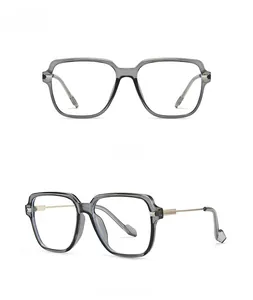 Front and 45-degree side views of grey square frame glasses with gold metal accents