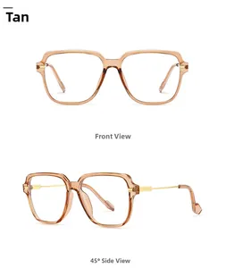 Retro amber frame glasses with gold metal temples shown from front and side angles