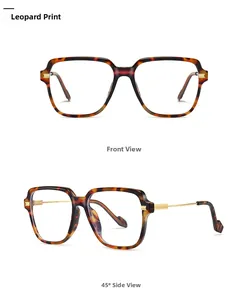 Front and 45-degree side views of large leopard print eyeglasses with gold metal hinges