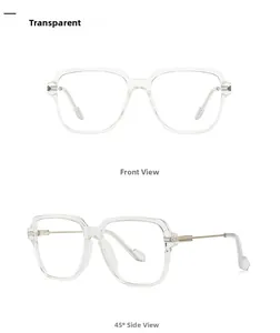 Front and side angles of stylish large square transparent frames with metal hinge detail
