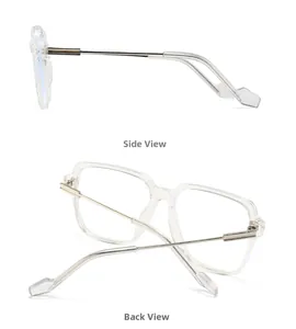 Side and back view of stylish oversized glasses frame with transparent finish and metal arms