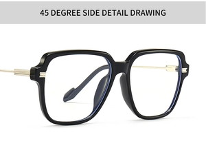 Detail view of large black frame glasses with silver metal temples at a 45-degree angle