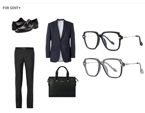 Flat lay of business eyewear style with suit, leather briefcase, and shoes