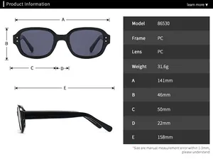 Detailed size chart for retro sunglasses model 86530 with full frame dimensions