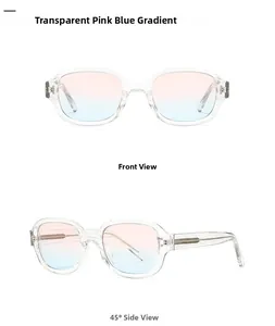 Front and side views of oversized transparent sunglasses with pink-blue gradient lenses