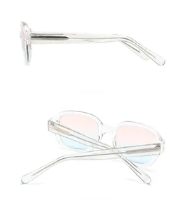 Detail view of transparent square frames with pink and blue gradient lenses and metal core