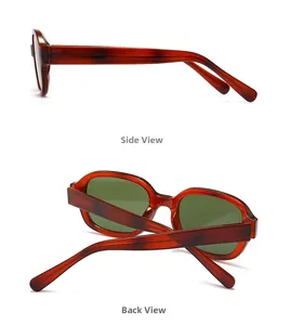 Detail view showing side and back profiles of tortoise shell rectangular sunglasses