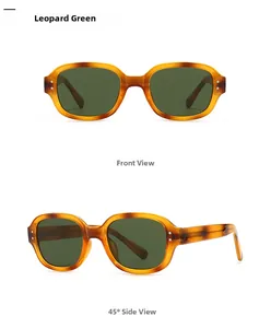 Detailed views of leopard green retro sunglasses with dark green lenses and metal rivets