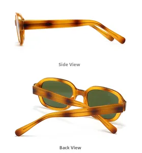 Detail views of retro tortoiseshell sunglasses showing side and back frames