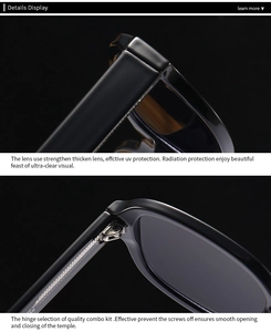 Macro detail of high-quality metal reinforced hinges on stylish black oversized sunglasses