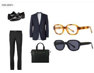 Flat lay of men's business suit, leather shoes, briefcase, and retro glasses set