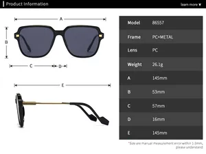 Specifiche dettagliate su dimensioni e misure per questi occhiali da sole unisex