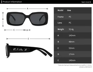 Detailed size chart for square frame sunglasses showing PC lens dimensions and weight