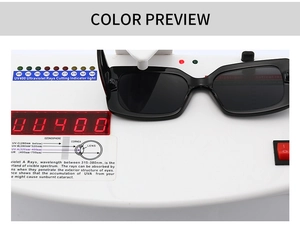 Detailed UV400 protection test showing black square sunglasses on a UV detection meter