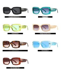 Flat lay of wide frame rectangular sunglasses in seven distinct color variations