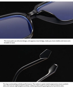 Dettaglio di naselli ergonomici e aste antiscivolo su montatura nera con lenti anti-luce blu