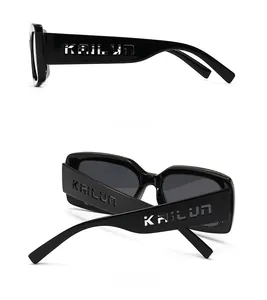 Detail view of black square frame sunglasses with镂空 KAILUN logo on temples