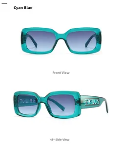 Macro view of retro rectangle sunglasses featuring cyan-blue frames and kailui logo detail
