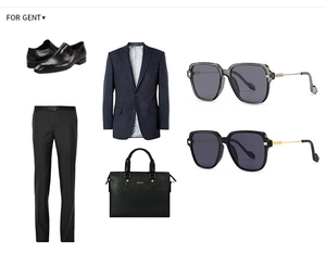 Set moda uomo con blazer scuri e occhiali da sole oversize su sfondo bianco pulito
