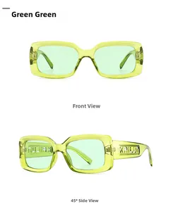 Detail view of transparent green rectangle sunglasses with stylish cutout temple design